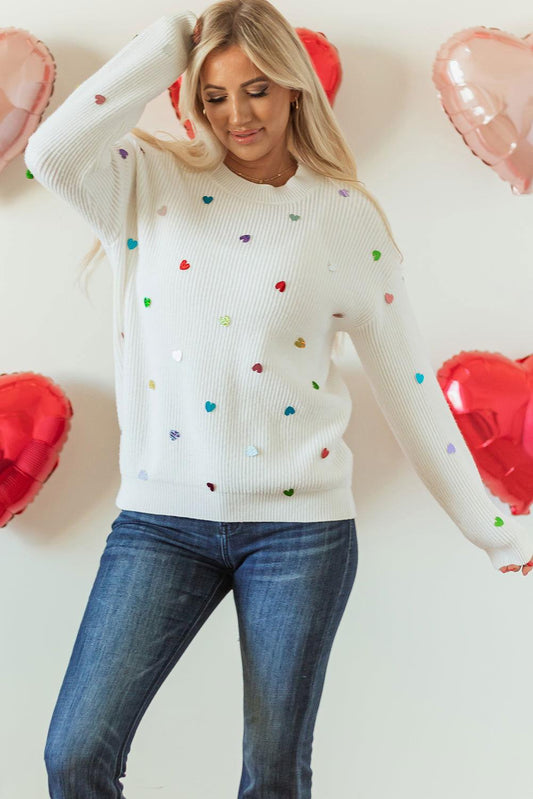 Heart Sequin Round Neck Long Sleeve Sweater - Clothes For Her Online Store