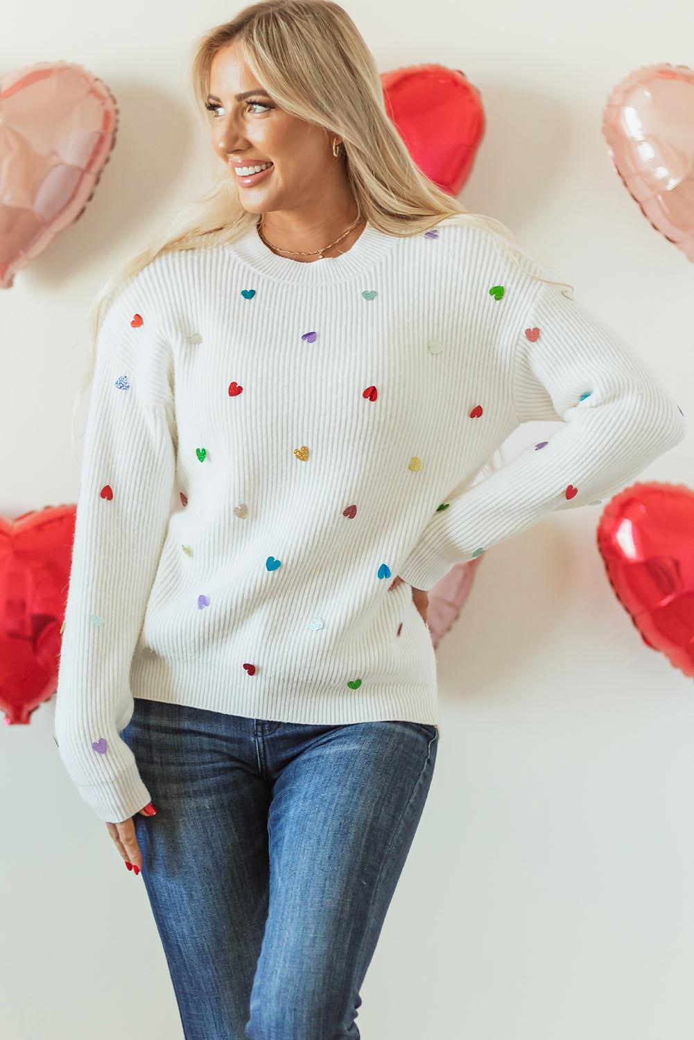Heart Sequin Round Neck Long Sleeve Sweater - Clothes For Her Online Store