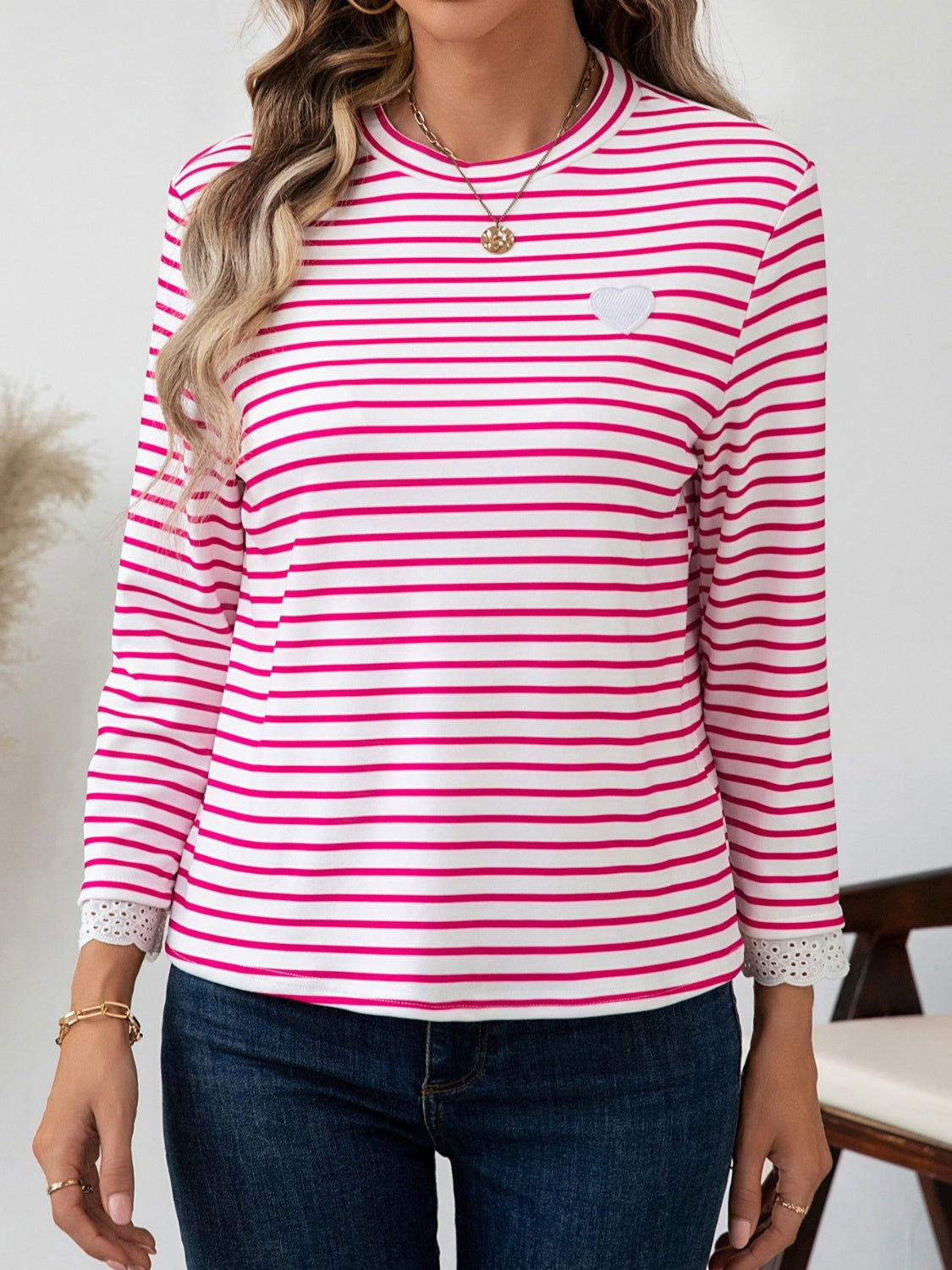 Heart Striped Round Neck Long Sleeve T-Shirt - Clothes For Her Online Store