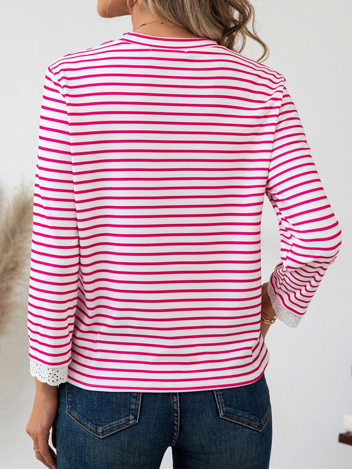 Heart Striped Round Neck Long Sleeve T-Shirt - Clothes For Her Online Store