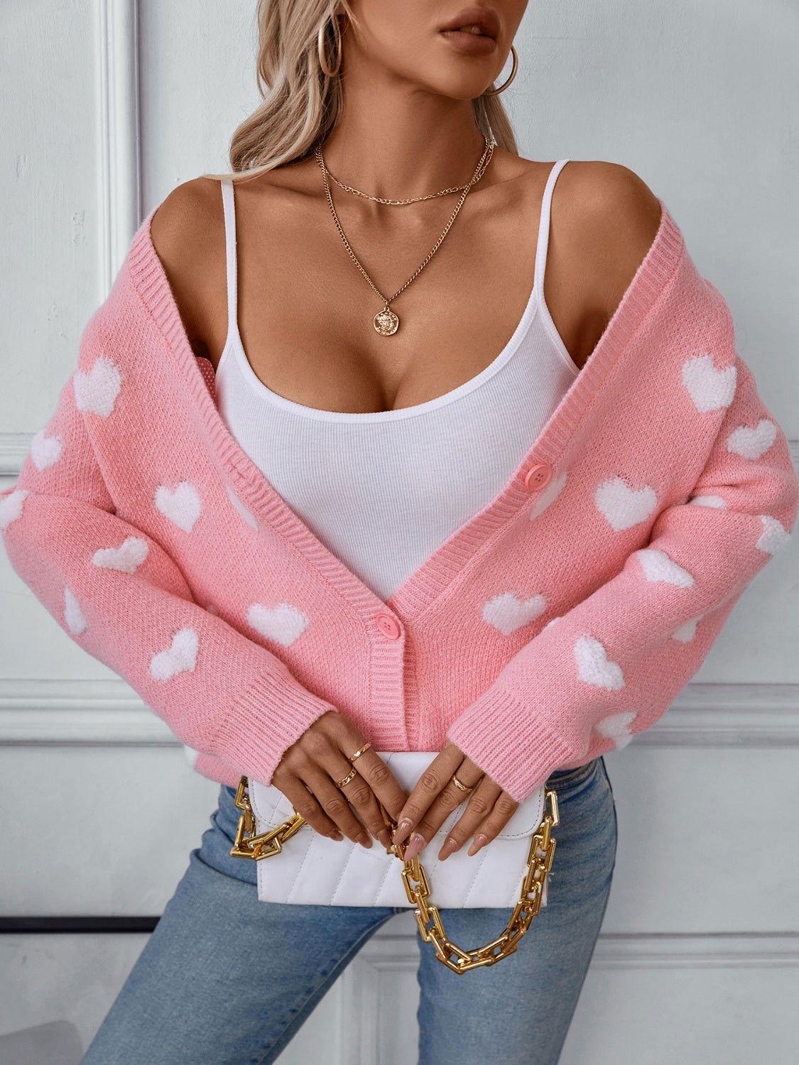 Heart V-Neck Button Up Long Sleeve Cardigan - Clothes For Her Online Store