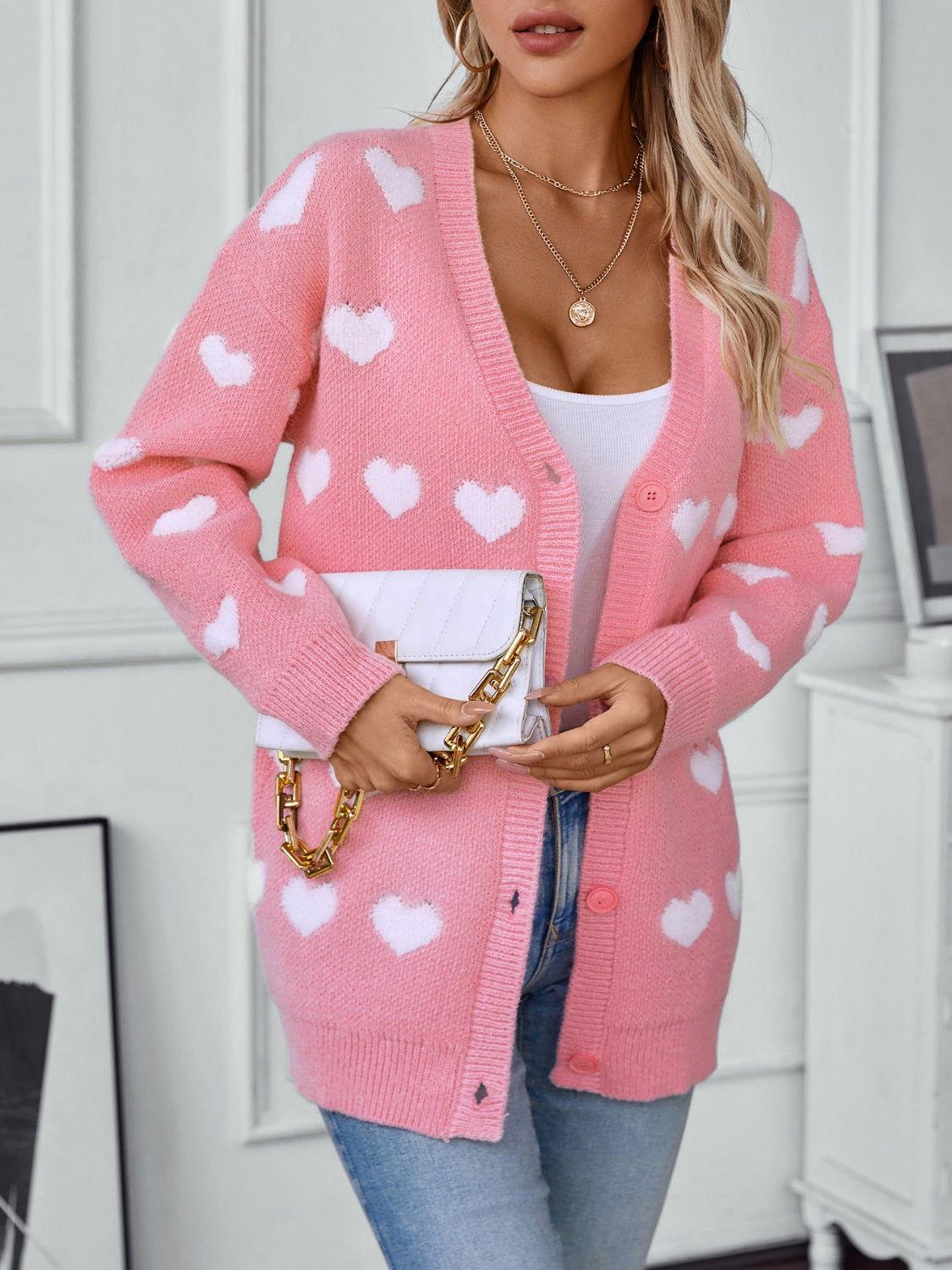 Heart V-Neck Button Up Long Sleeve Cardigan - Clothes For Her Online Store