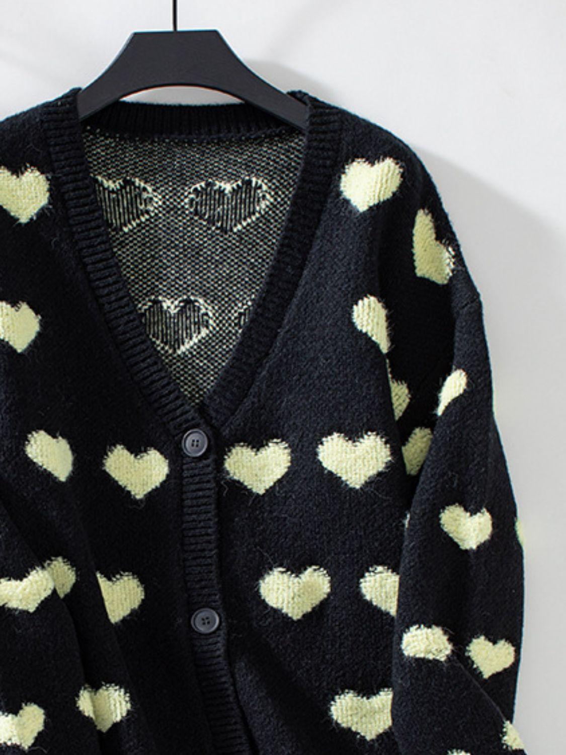 Heart V-Neck Button Up Long Sleeve Cardigan - Clothes For Her Online Store