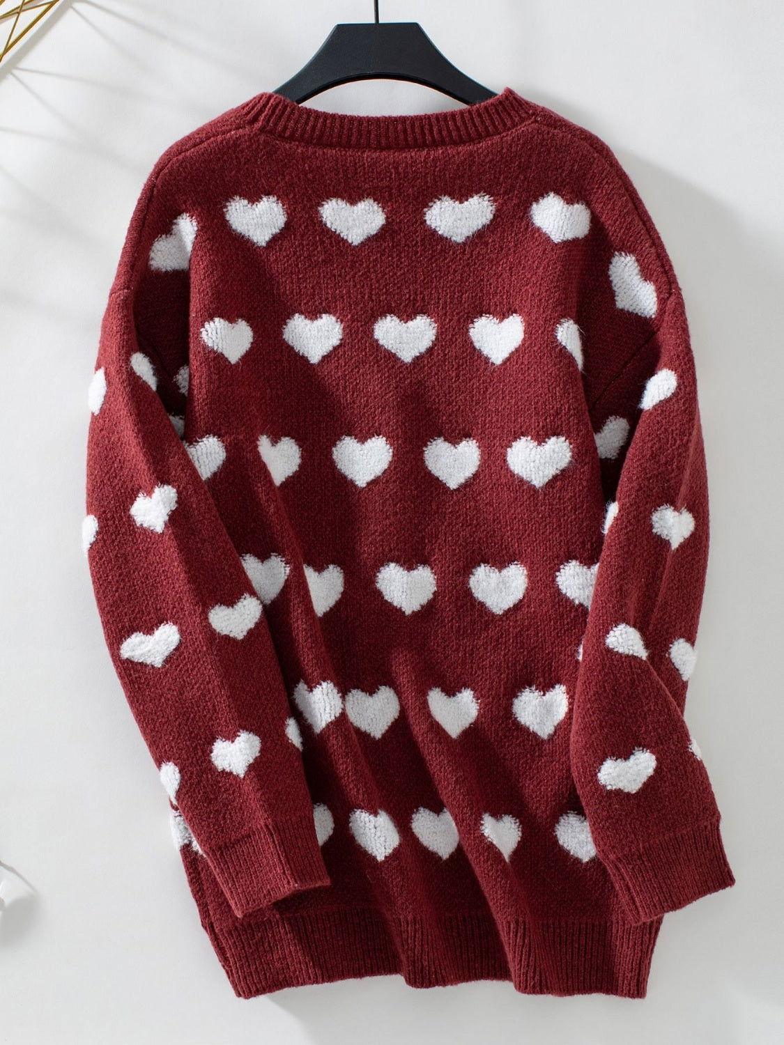 Heart V-Neck Button Up Long Sleeve Cardigan - Clothes For Her Online Store