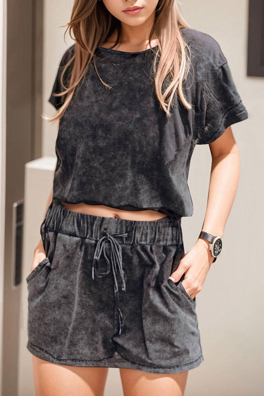 Heathered Round Neck Top and Shorts Lounge Set - Clothes For Her Online Store