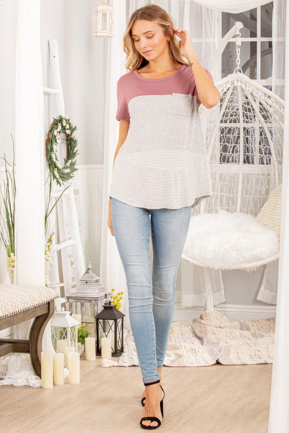 Heimish Color Block Striped Round Neck Short Sleeve T-Shirt - Clothes For Her Online Store