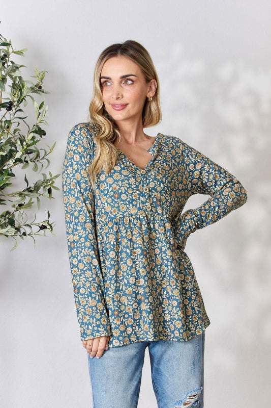 Heimish Full Size Floral Half Button Long Sleeve Blouse - Clothes For Her Online Store