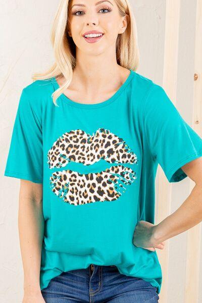 Heimish Full Size Leopard Lip Round Neck Short Sleeve T-Shirt Plus Size - Clothes For Her Online Store