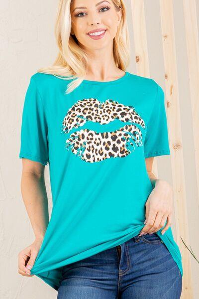 Heimish Full Size Leopard Lip Round Neck Short Sleeve T-Shirt Plus Size - Clothes For Her Online Store