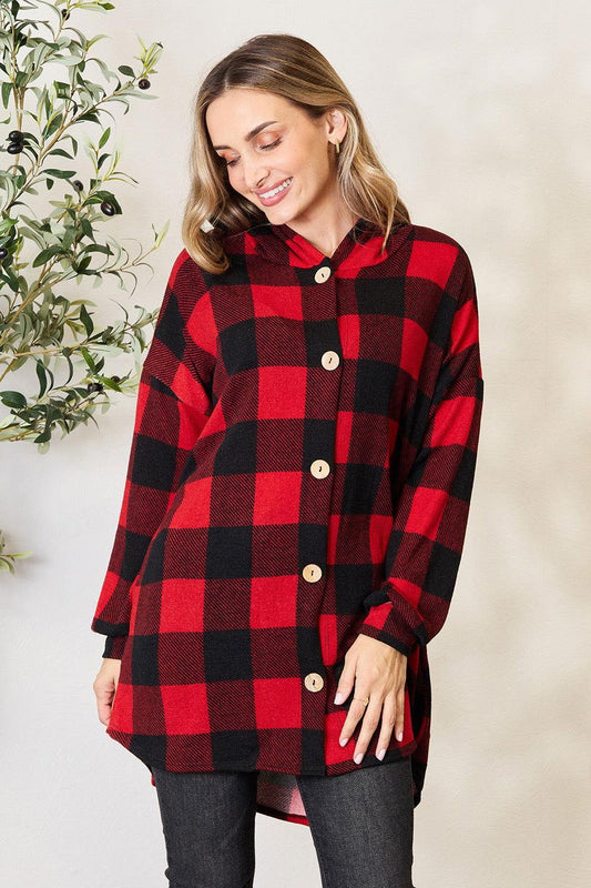 Heimish Full Size Plaid Button Front Hooded Shirt - Clothes For Her Online Store