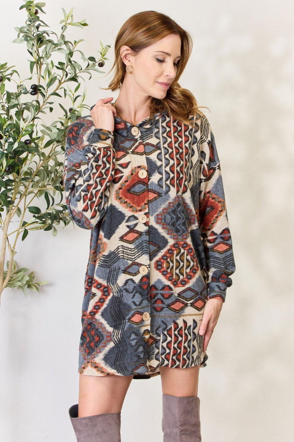 Heimish Full Size Printed Button Up Hooded Jacket - Clothes For Her Online Store