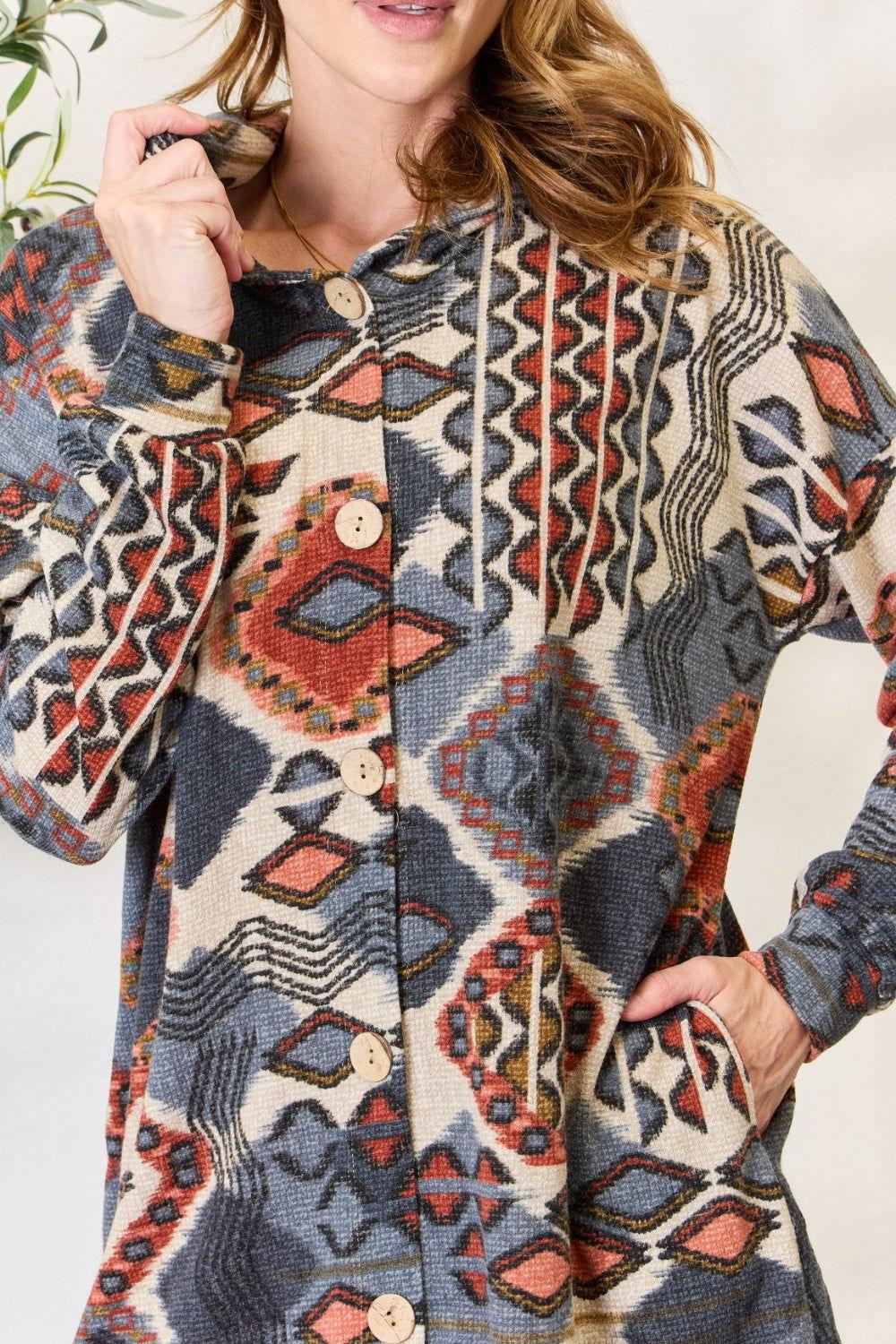 Heimish Full Size Printed Button Up Hooded Jacket - Clothes For Her Online Store