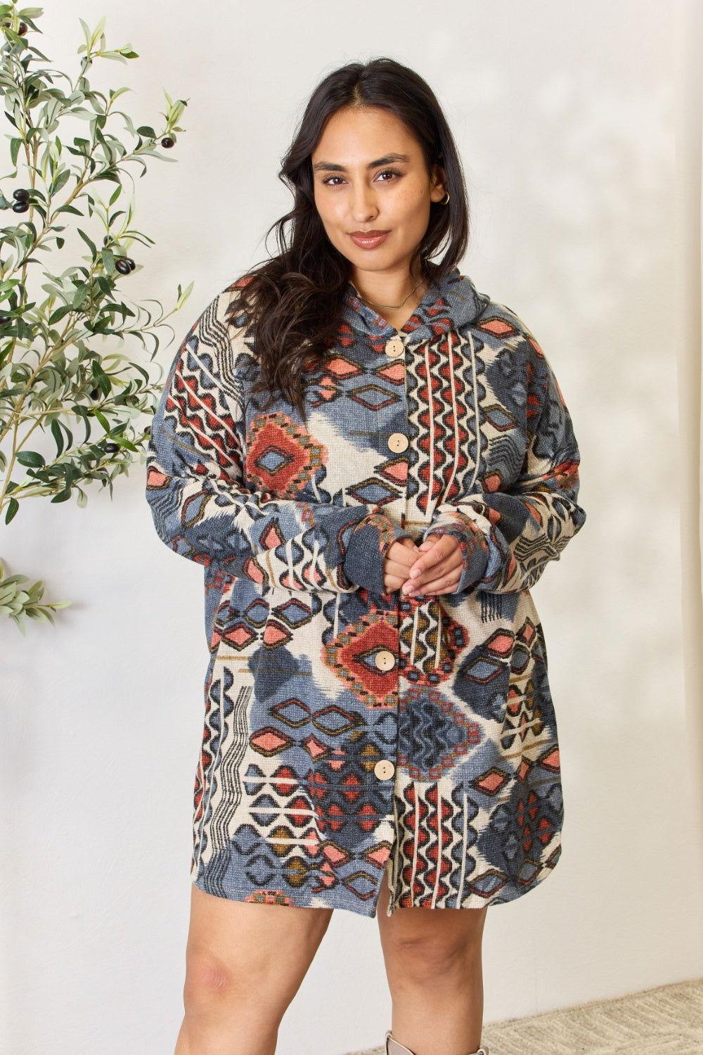 Heimish Full Size Printed Button Up Hooded Jacket - Clothes For Her Online Store