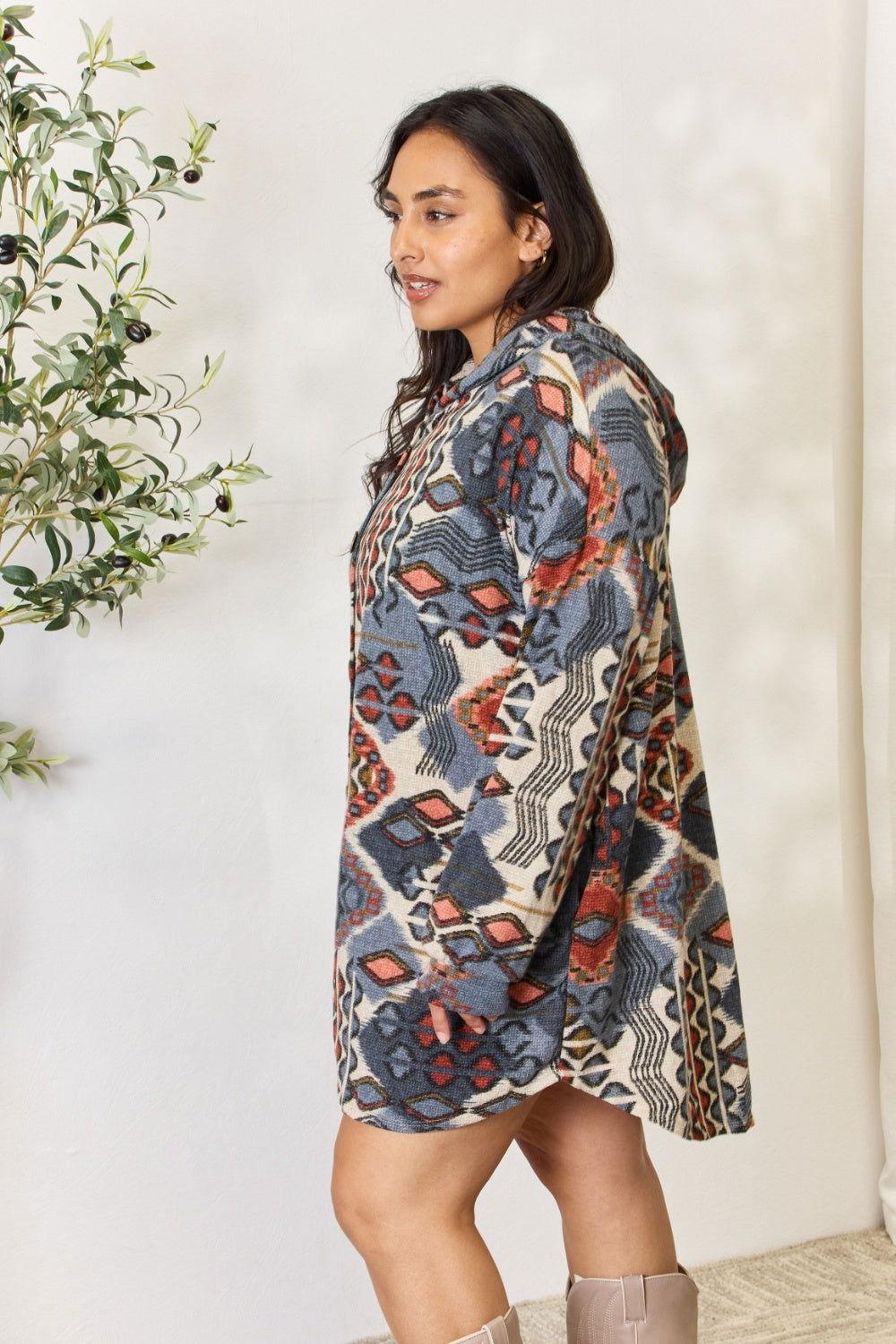 Heimish Full Size Printed Button Up Hooded Jacket - Clothes For Her Online Store