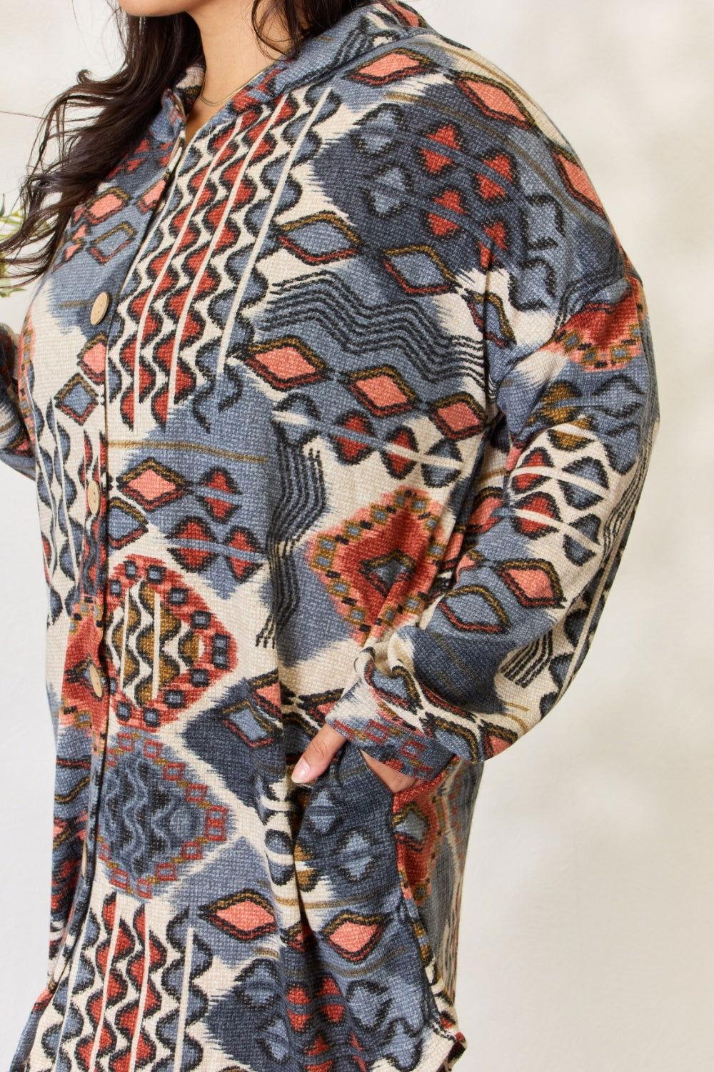 Heimish Full Size Printed Button Up Hooded Jacket - Clothes For Her Online Store
