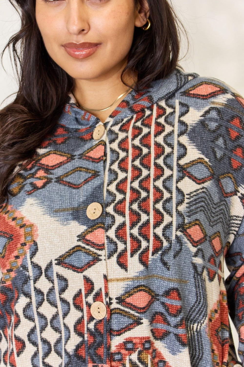Heimish Full Size Printed Button Up Hooded Jacket - Clothes For Her Online Store