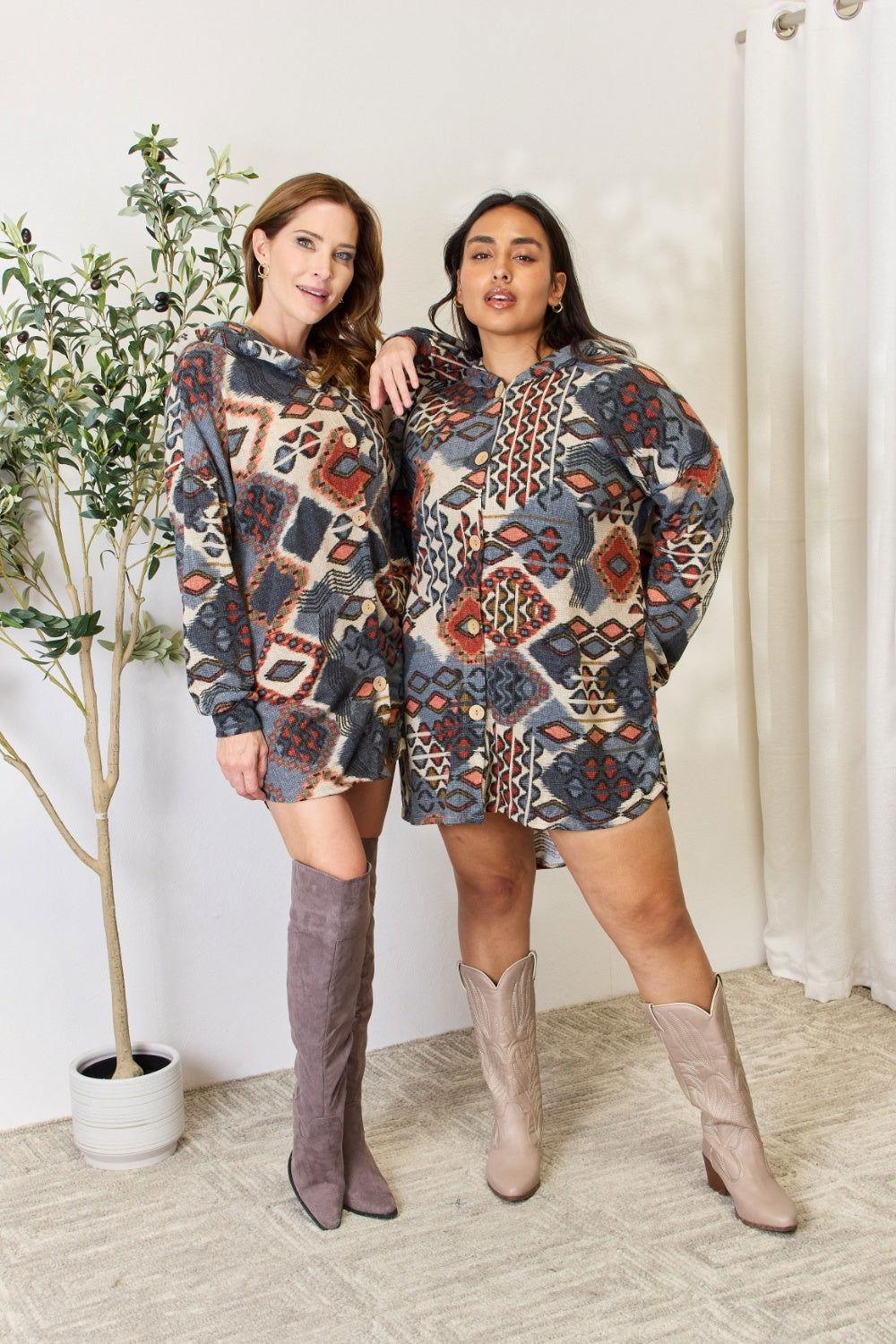 Heimish Full Size Printed Button Up Hooded Jacket - Clothes For Her Online Store
