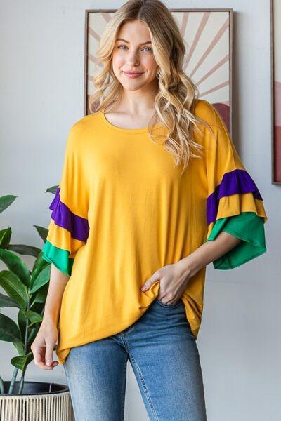 Heimish Full Size Round Neck Color Block Ruffled Half Sleeve Top Plus Size - Clothes For Her Online Store