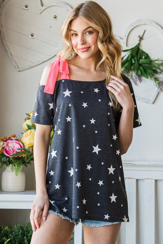 Heimish Full Size Star Print Asymmetrical Neck Short Sleeve Top - Clothes For Her Online Store