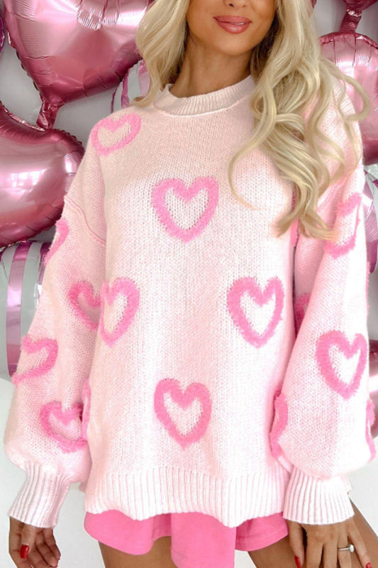 High-Low Heart Round Neck Long Sleeve Sweater - Clothes For Her Online Store