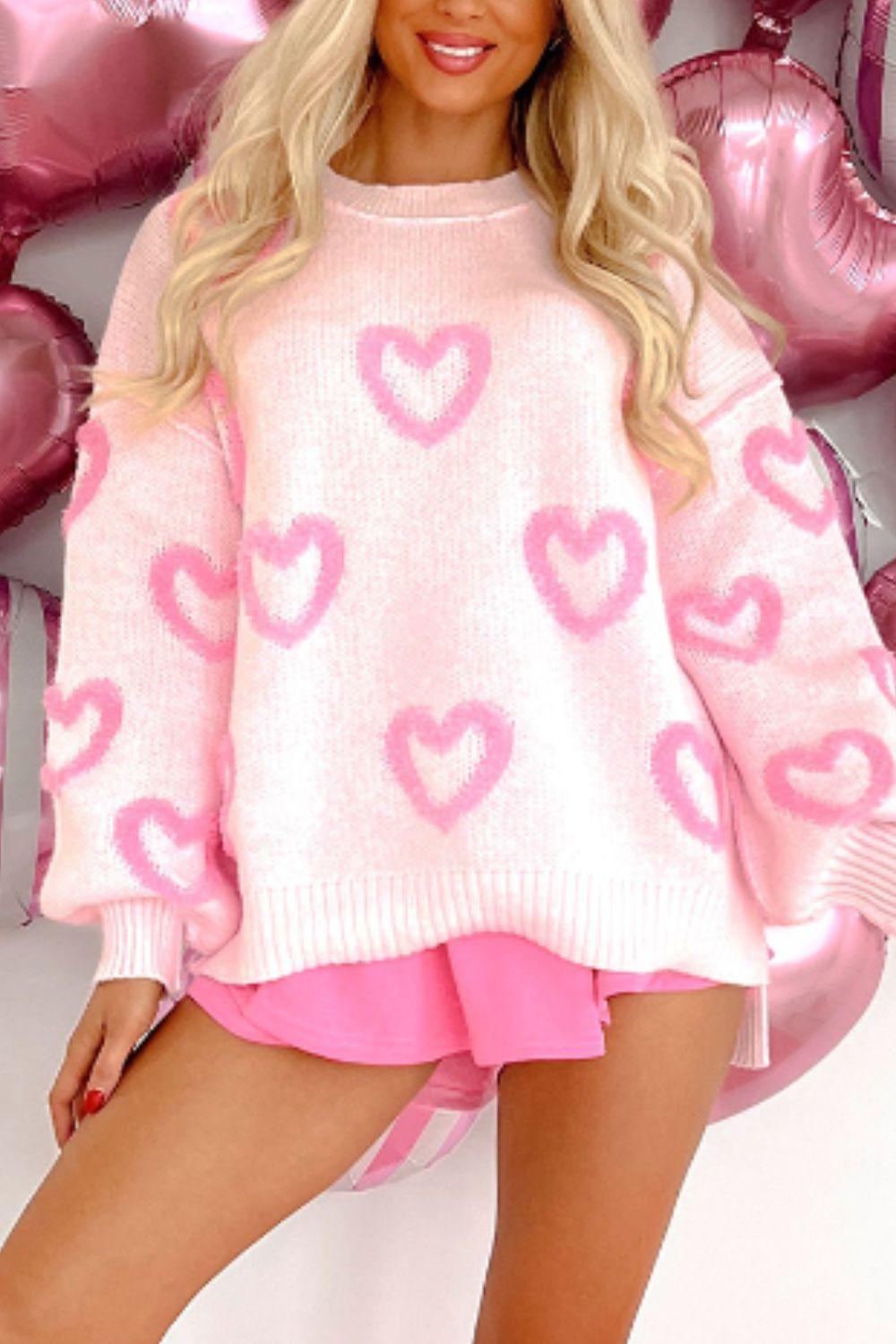 High-Low Heart Round Neck Long Sleeve Sweater - Clothes For Her Online Store