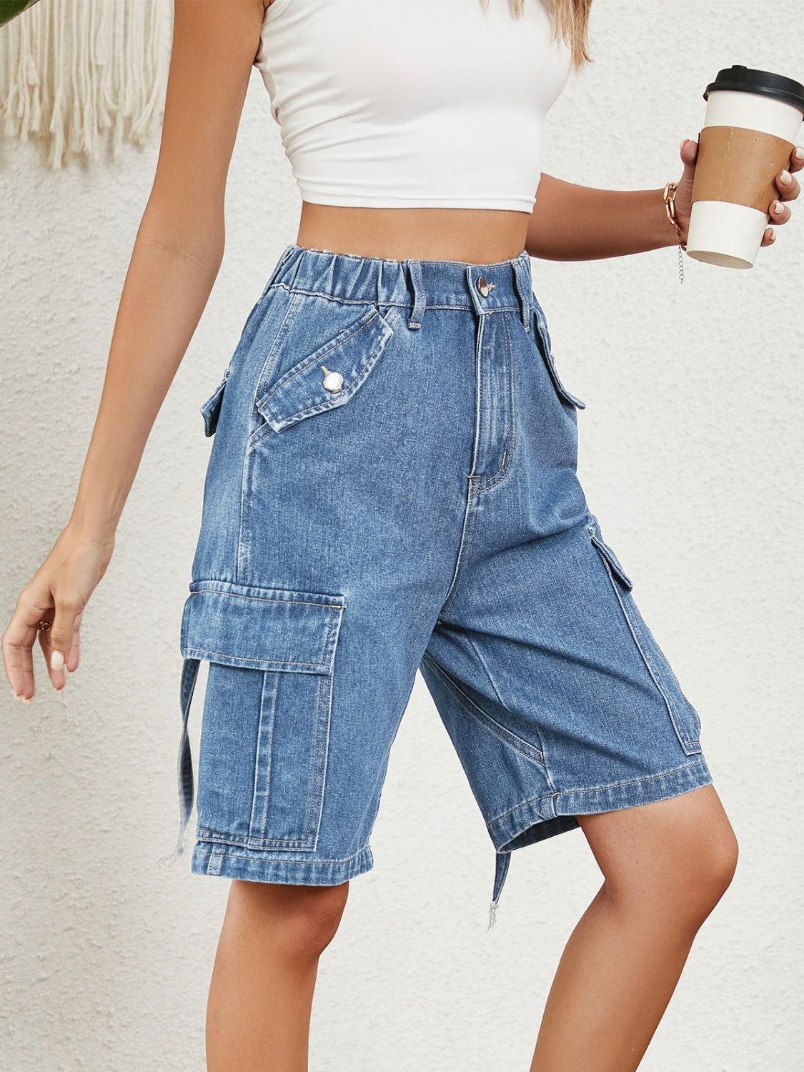 High Waist Denim Shorts with Pockets - Clothes For Her Online Store