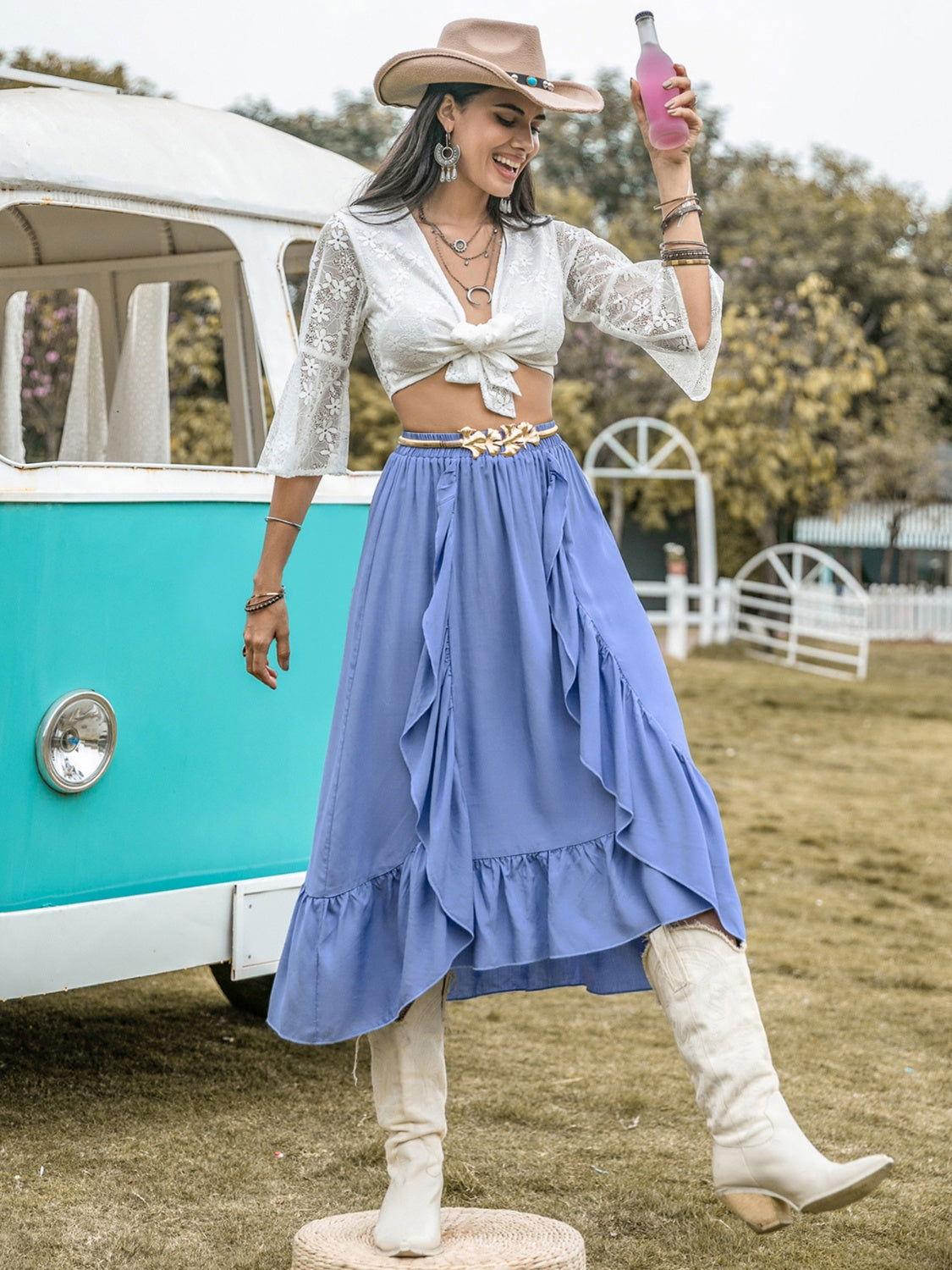 High Waist Ruffle Trim Skirt - Clothes For Her Online Store