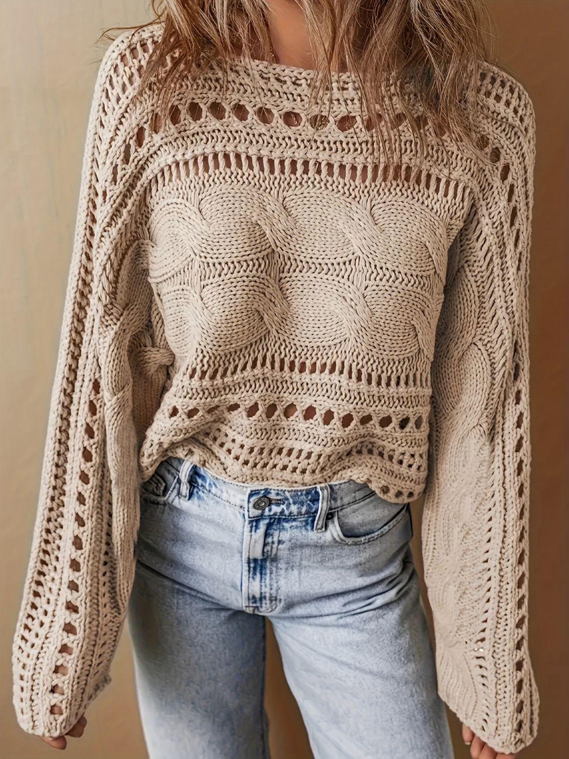 Hollow Out Cable-Knit Boat Neck Sweater - Clothes For Her Online Store