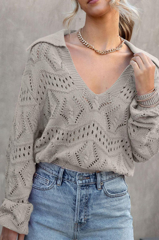 Hollow Out Johnny Collar Sweater - Clothes For Her Online Store