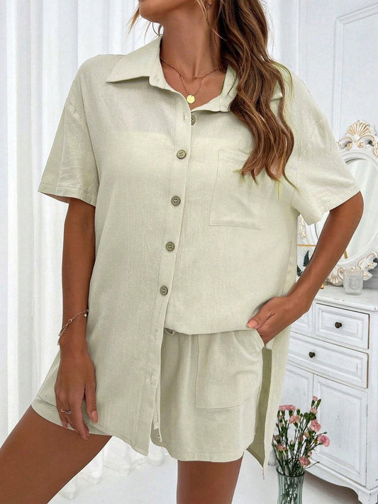 Honey Button Up Half Sleeve Top and Shorts Set - Clothes For Her Online Store