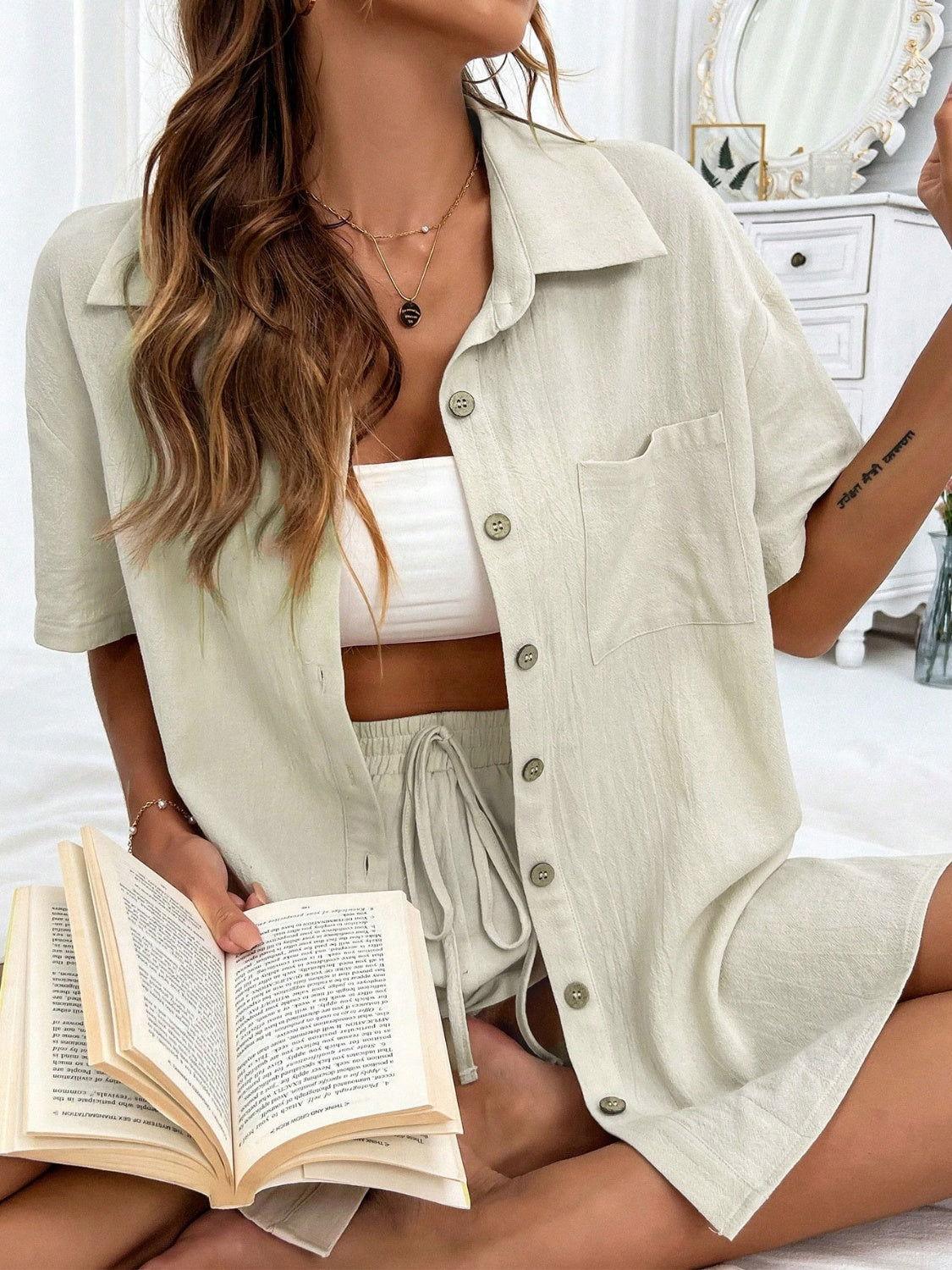 Honey Button Up Half Sleeve Top and Shorts Set - Clothes For Her Online Store