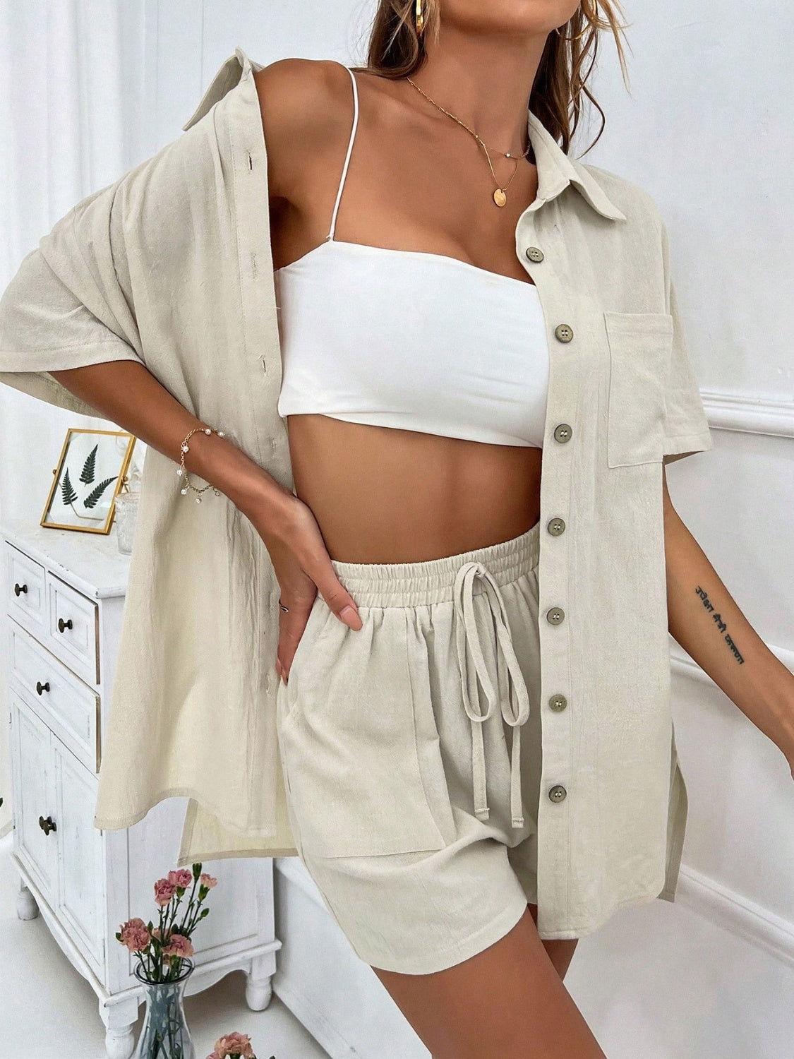 Honey Button Up Half Sleeve Top and Shorts Set - Clothes For Her Online Store