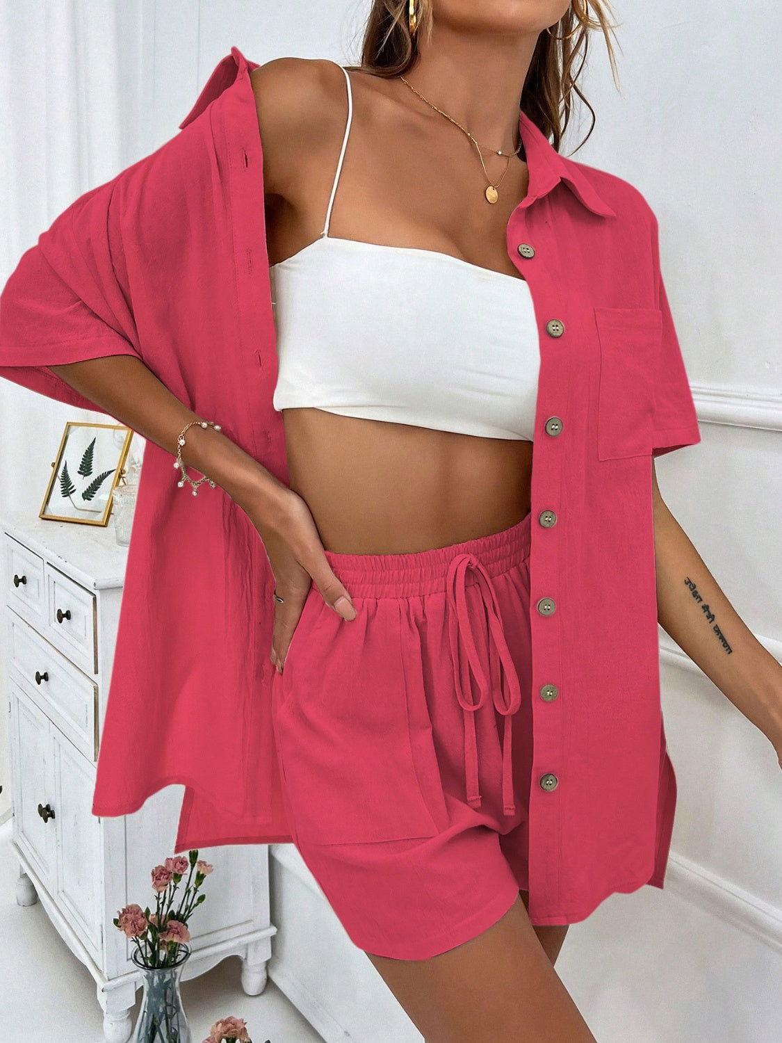Honey Button Up Half Sleeve Top and Shorts Set - Clothes For Her Online Store
