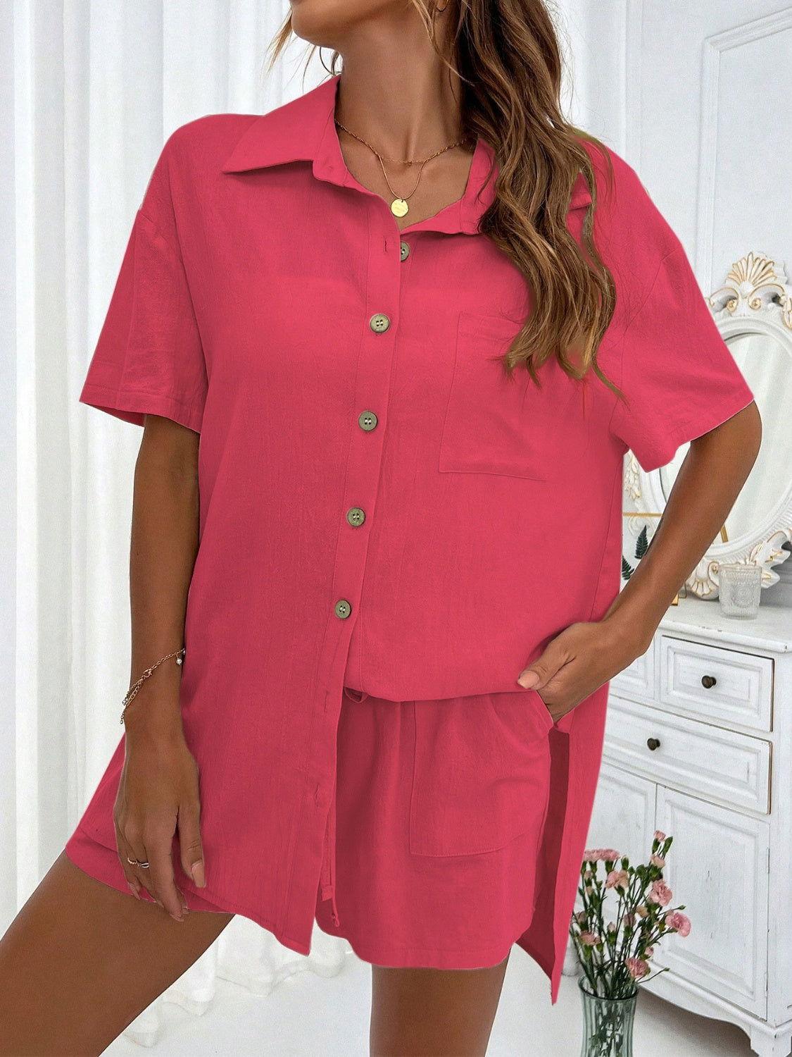 Honey Button Up Half Sleeve Top and Shorts Set - Clothes For Her Online Store