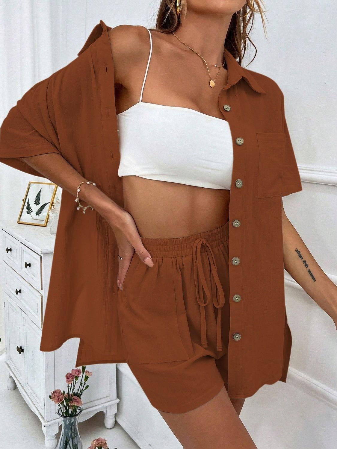 Honey Button Up Half Sleeve Top and Shorts Set - Clothes For Her Online Store