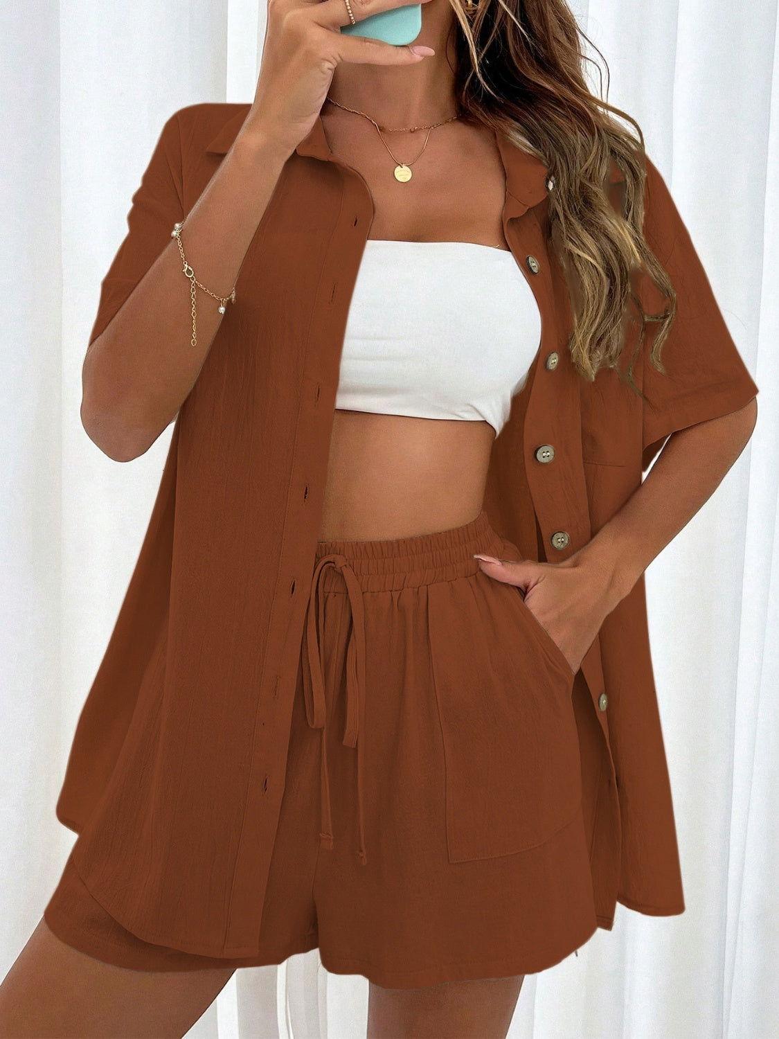 Honey Button Up Half Sleeve Top and Shorts Set - Clothes For Her Online Store