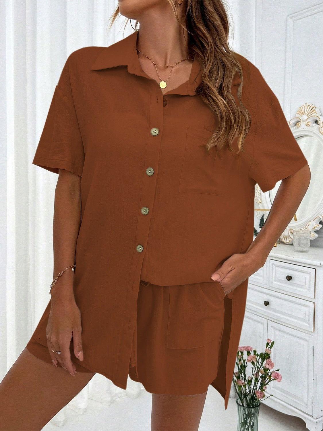 Honey Button Up Half Sleeve Top and Shorts Set - Clothes For Her Online Store
