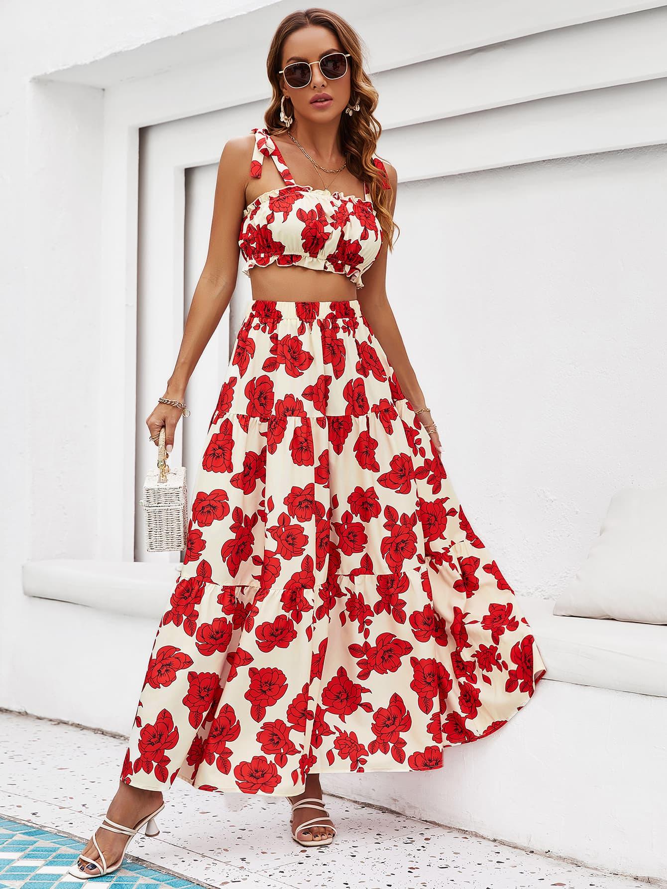 Honey Floral Tie Shoulder Top and Tiered Maxi Skirt Set - Clothes For Her Online Store