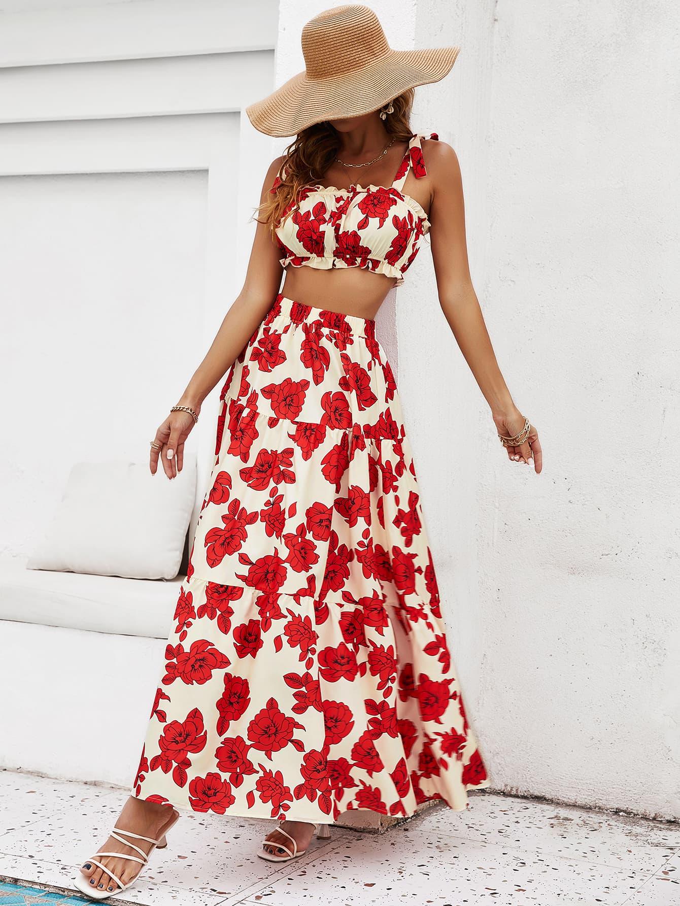 Honey Floral Tie Shoulder Top and Tiered Maxi Skirt Set - Clothes For Her Online Store