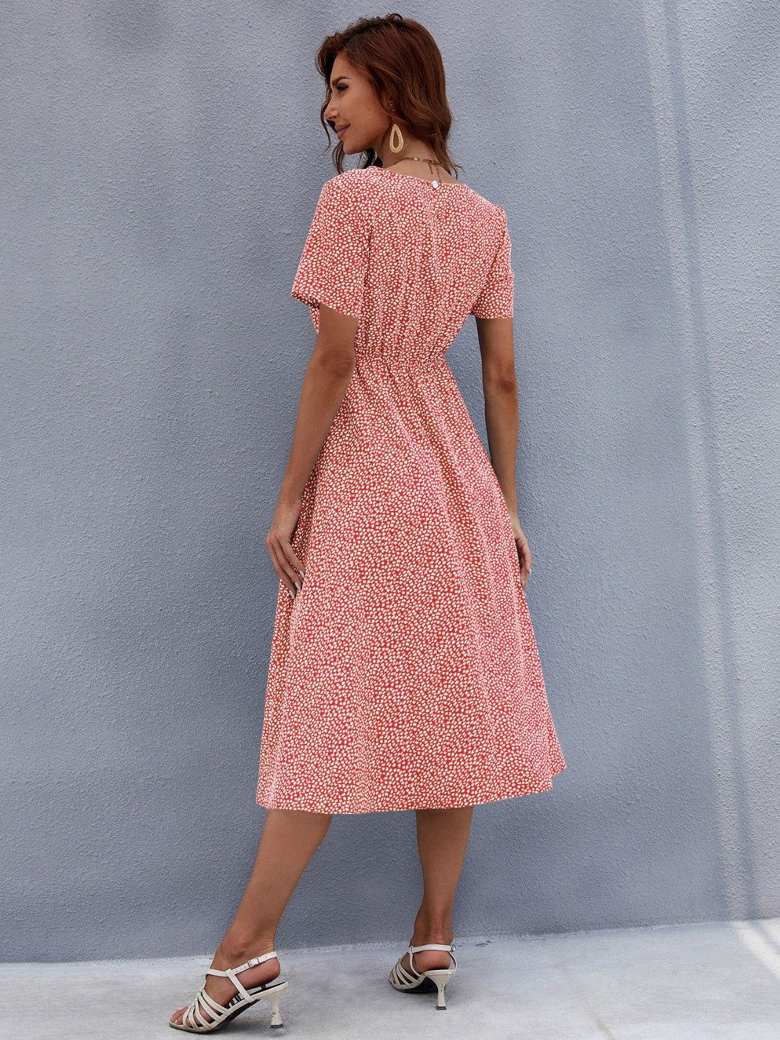 Honey Printed Round Neck Short Sleeve Midi Dress