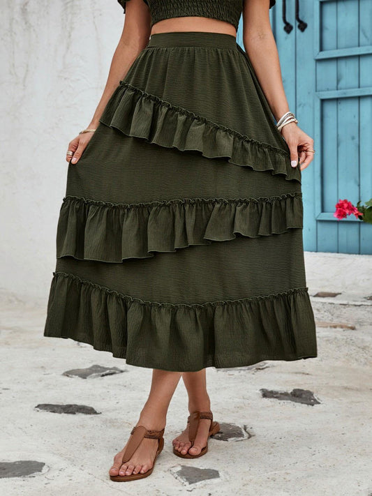 Honey Ruffled Elastic Waist Midi Skirt - Clothes For Her Online Store