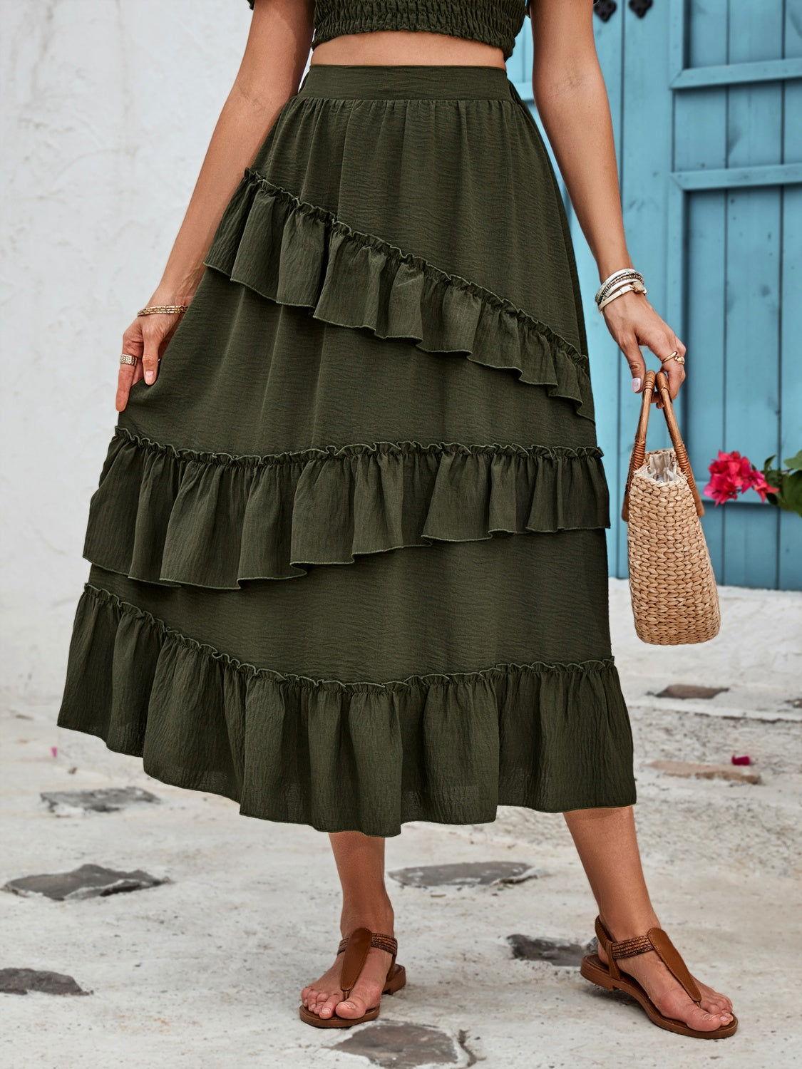 Honey Ruffled Elastic Waist Midi Skirt - Clothes For Her Online Store