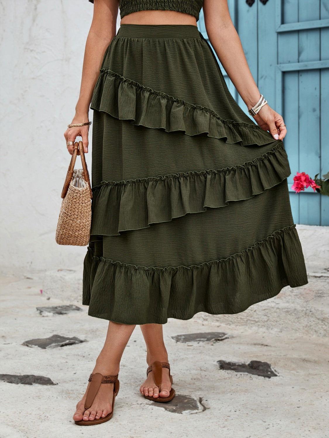Honey Ruffled Elastic Waist Midi Skirt - Clothes For Her Online Store