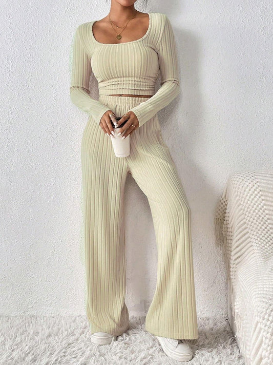 Honey Scoop Neck Long Sleeve Top and Pants Set - Clothes For Her Online Store