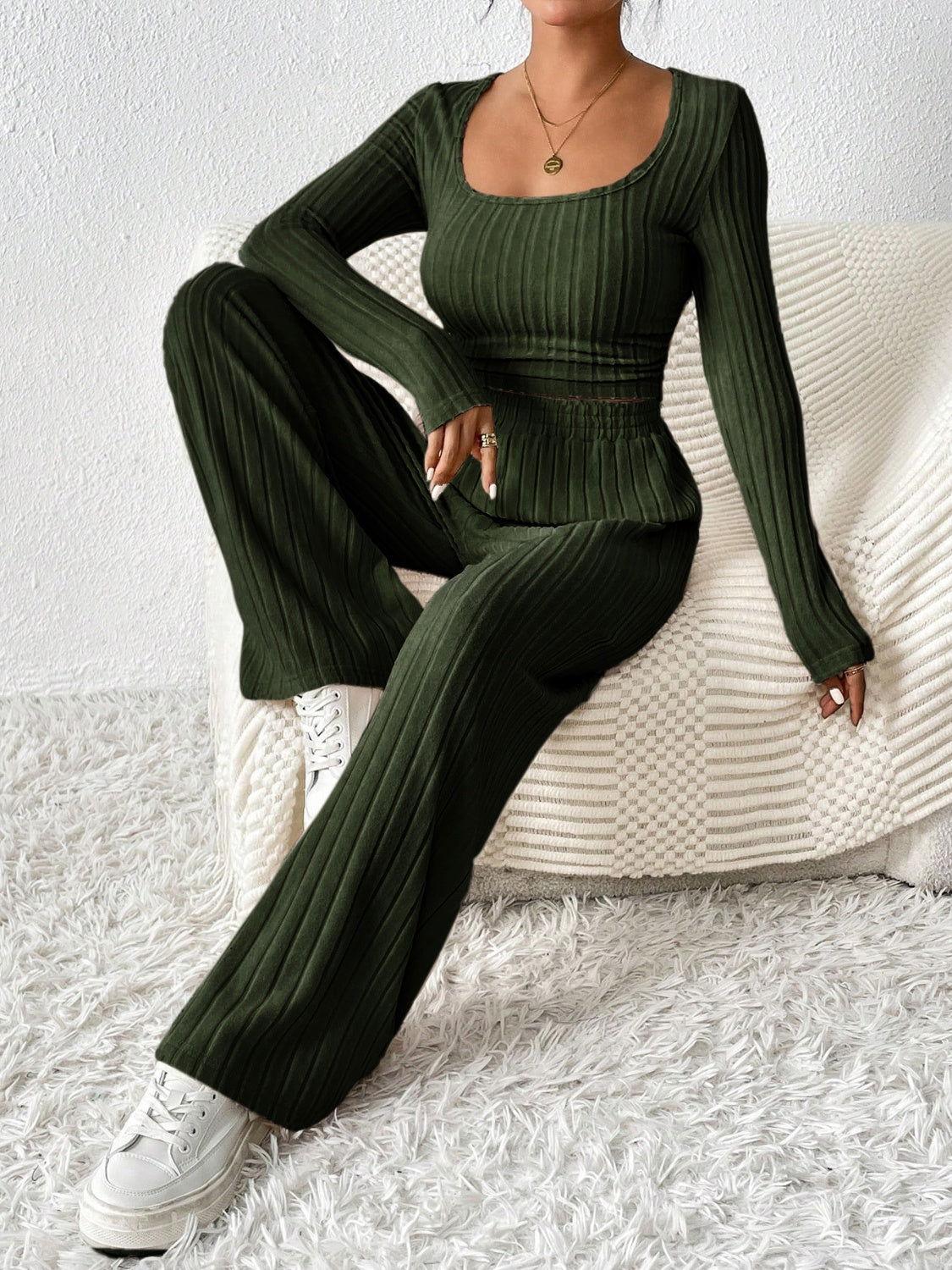 Honey Scoop Neck Long Sleeve Top and Pants Set - Clothes For Her Online Store