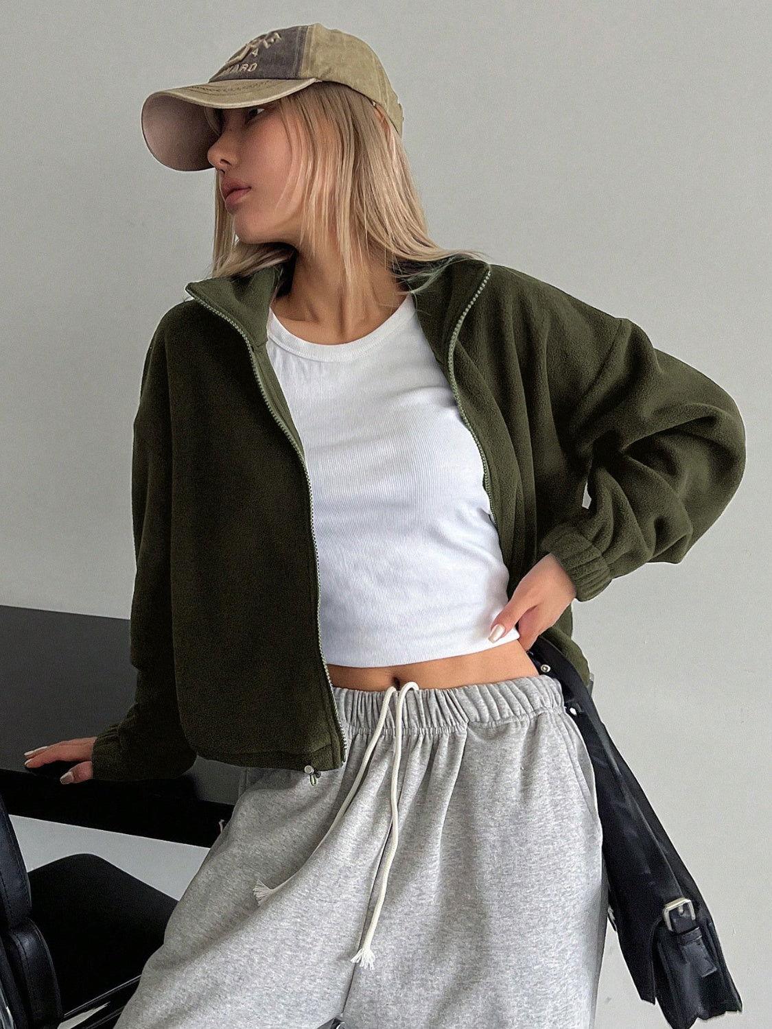 Honey Zip Up Long Sleeve Cropped Jacket - Clothes For Her Online Store