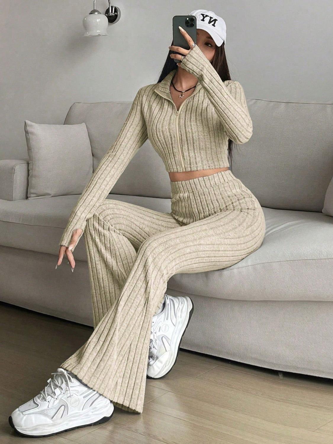 Honey Zip Up Long Sleeve Top and Pants Set - Clothes For Her Online Store
