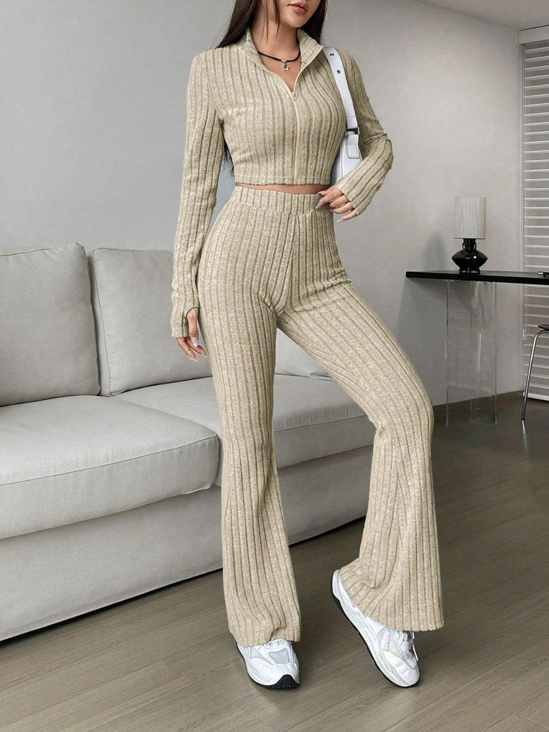 Honey Zip Up Long Sleeve Top and Pants Set - Clothes For Her Online Store