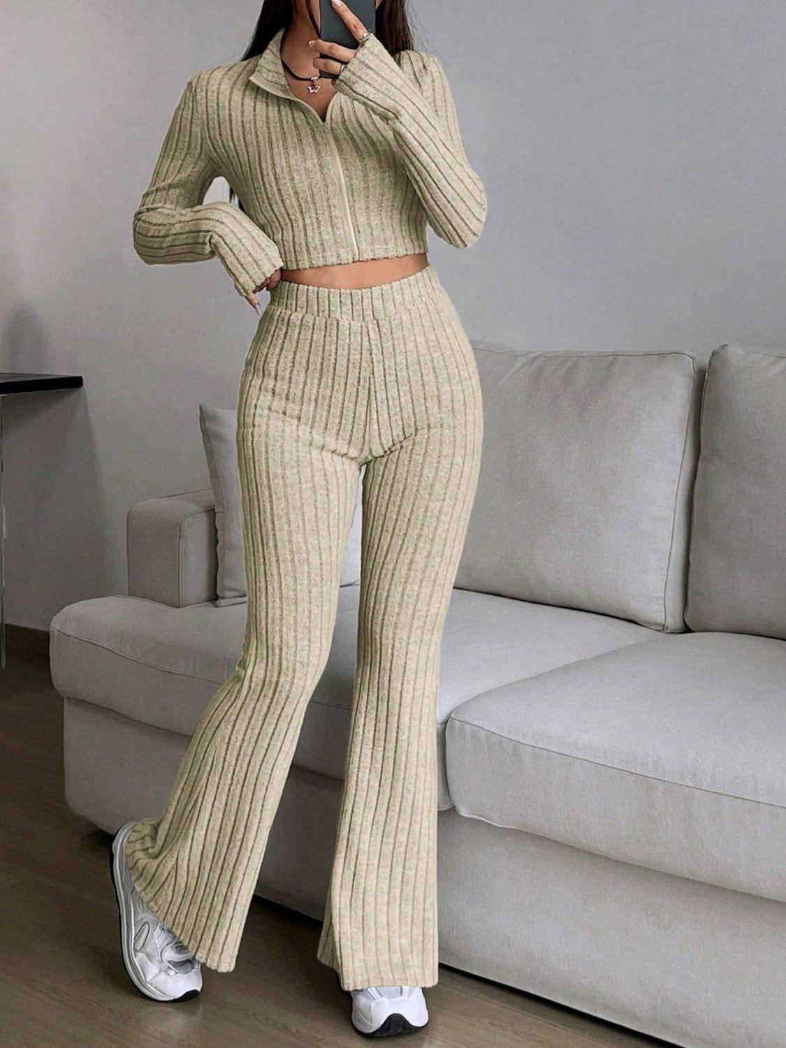 Honey Zip Up Long Sleeve Top and Pants Set - Clothes For Her Online Store