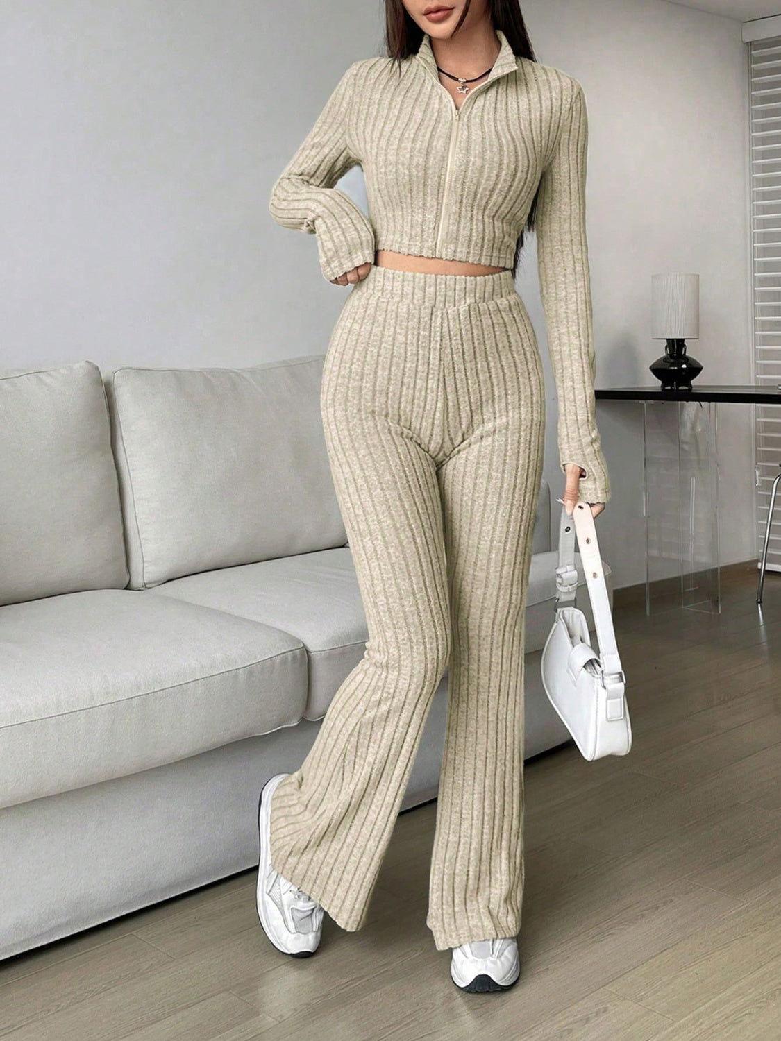 Honey Zip Up Long Sleeve Top and Pants Set - Clothes For Her Online Store